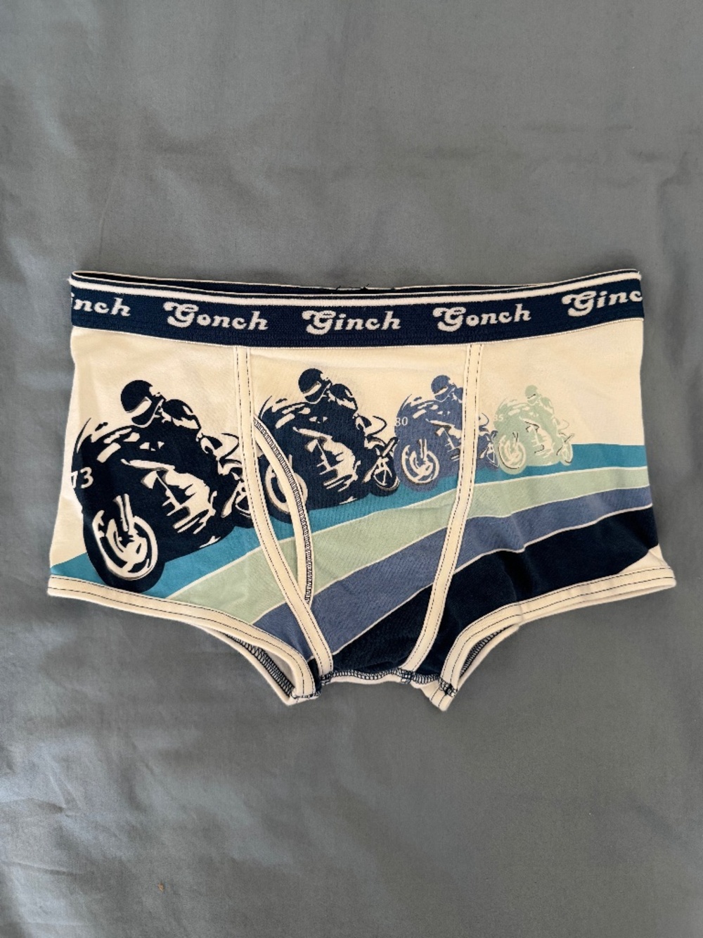 Ginch Gonch "Motorcycle" Square Cut Trunks - White/Blue - Small